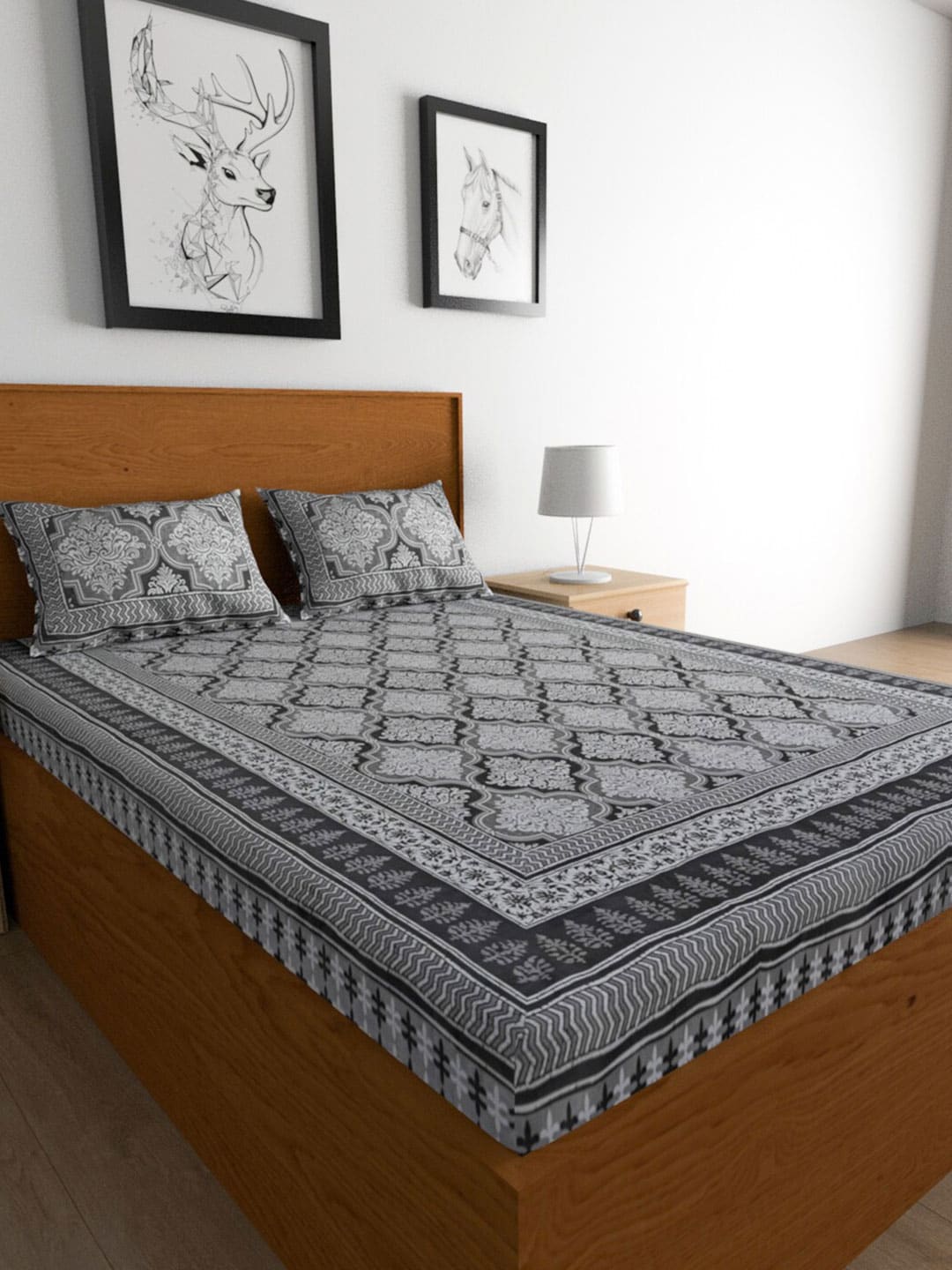 Urban Magic Grey & White Ethnic Printed Cotton 104 TC King Bedsheet with 2 Pillow Covers | Grocsy