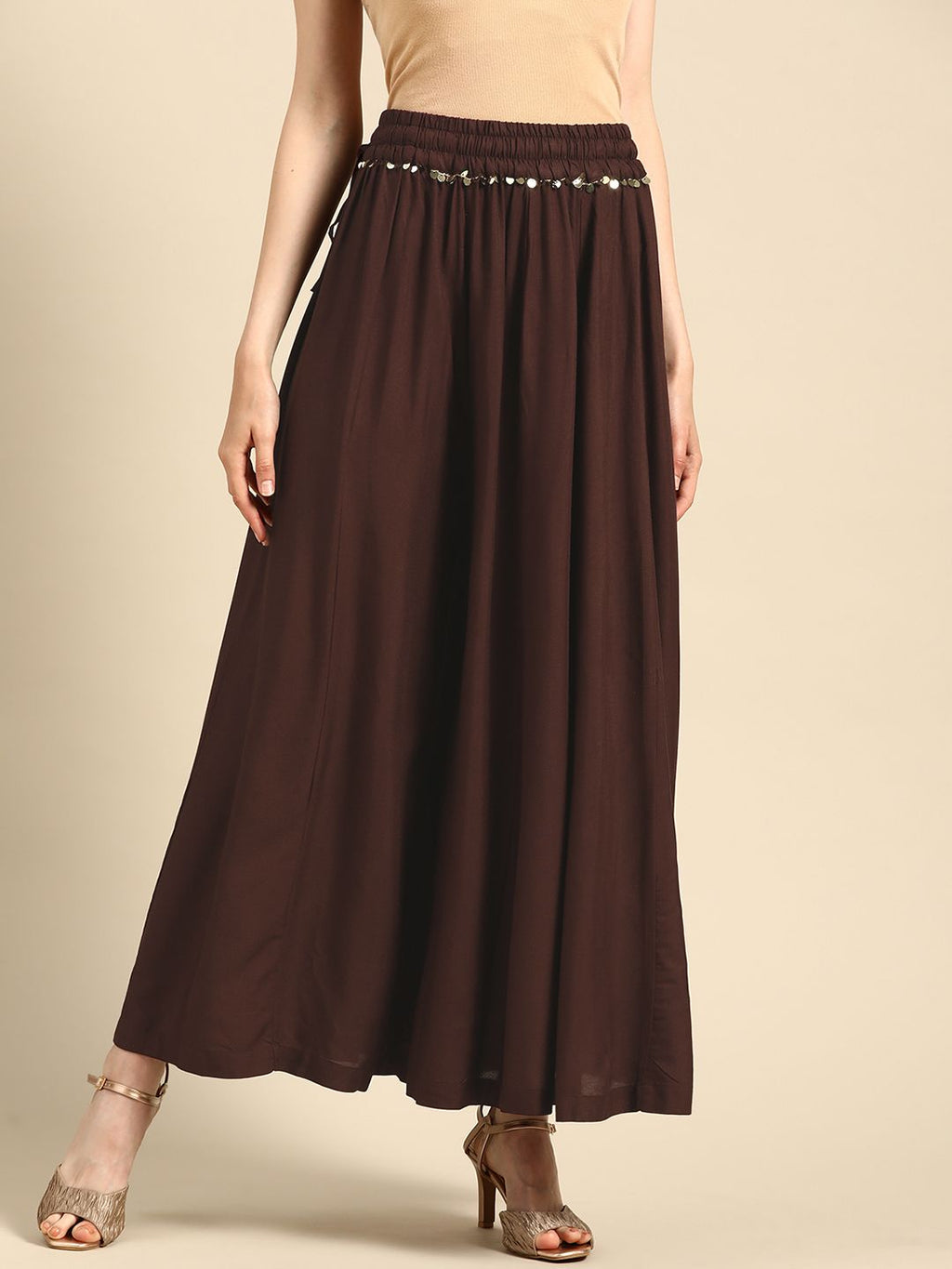 TAG 7 Women Coffee Brown Solid Flared Palazzos | Grocsy