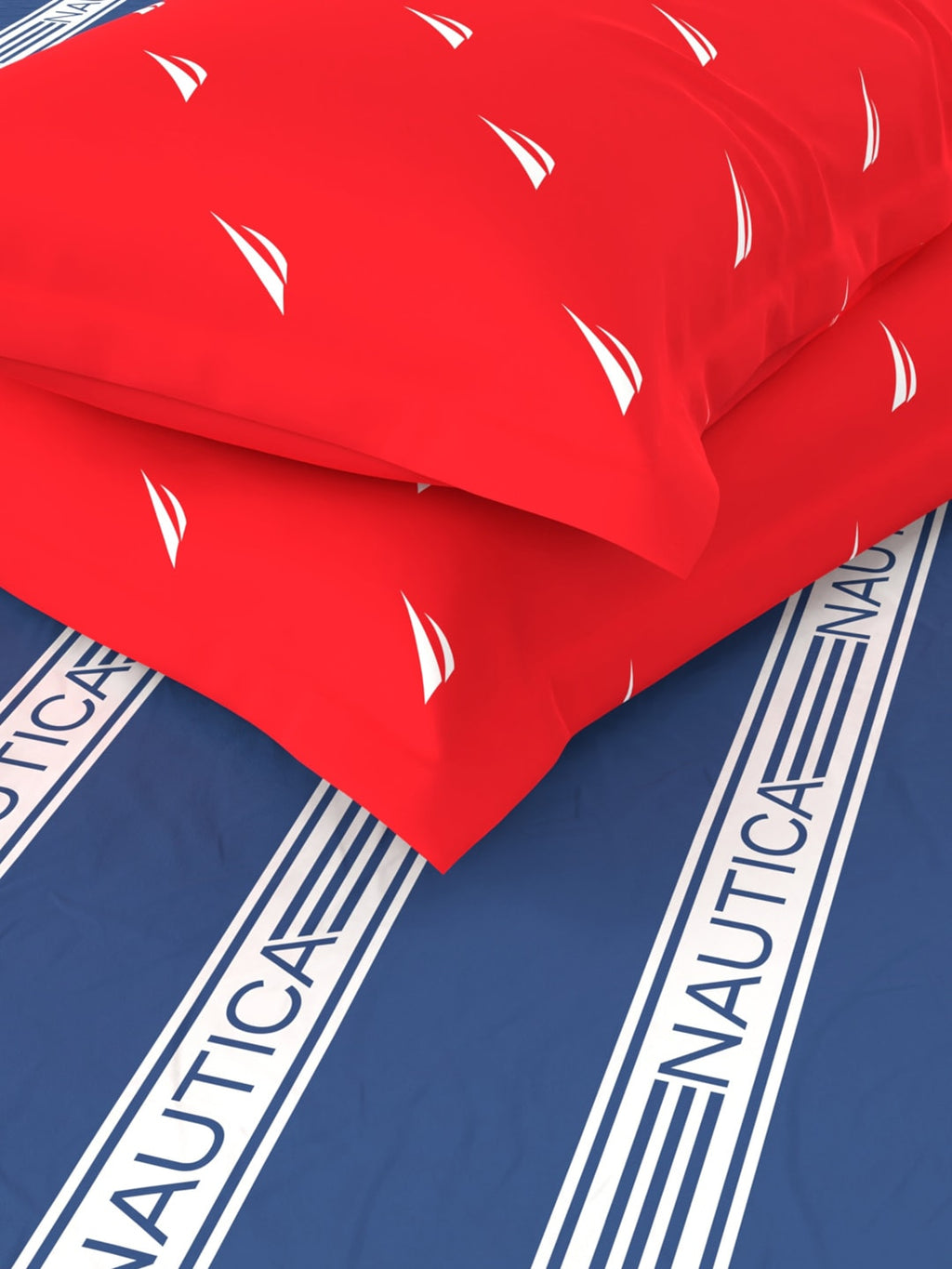 Nautica Blue & Red Striped Cotton 160 TC King Bedsheet With 2 Pillow Covers | Grocsy