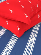 Nautica Blue & Red Striped Cotton 160 TC King Bedsheet With 2 Pillow Covers | Grocsy