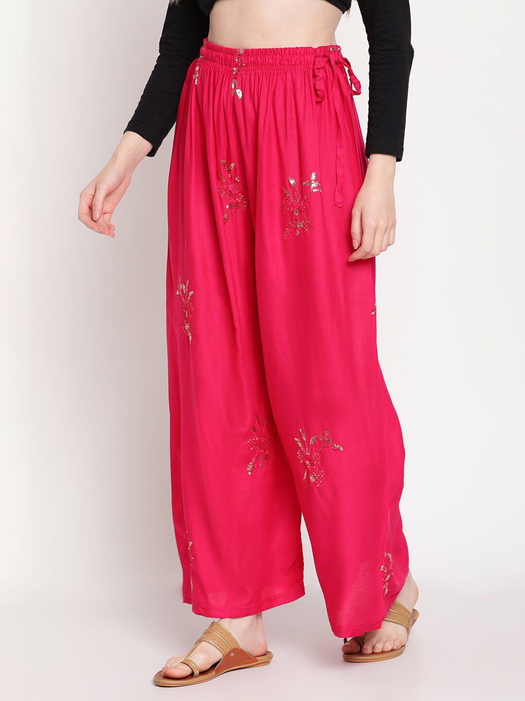 TAG 7 Women Pink & Gold-Toned Ethnic Motifs Embellished Flared Palazzos | Grocsy