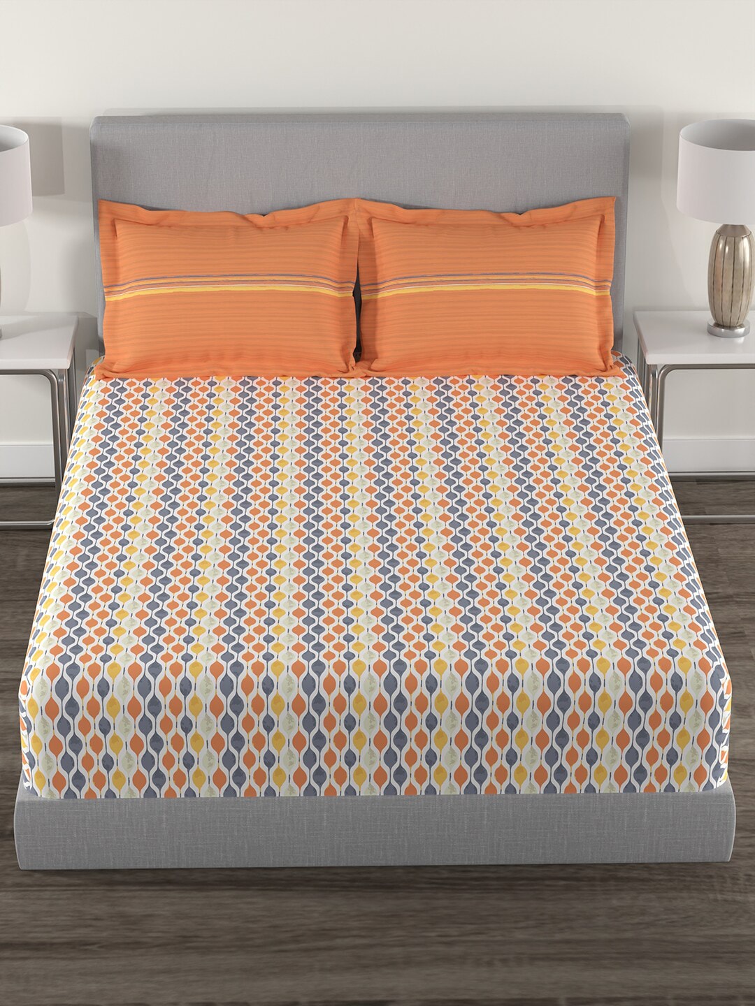 MYTRIDENT Orange White Geometric Cotton 144 TC Queen Bedsheet With 2 Pillow Covers | Grocsy
