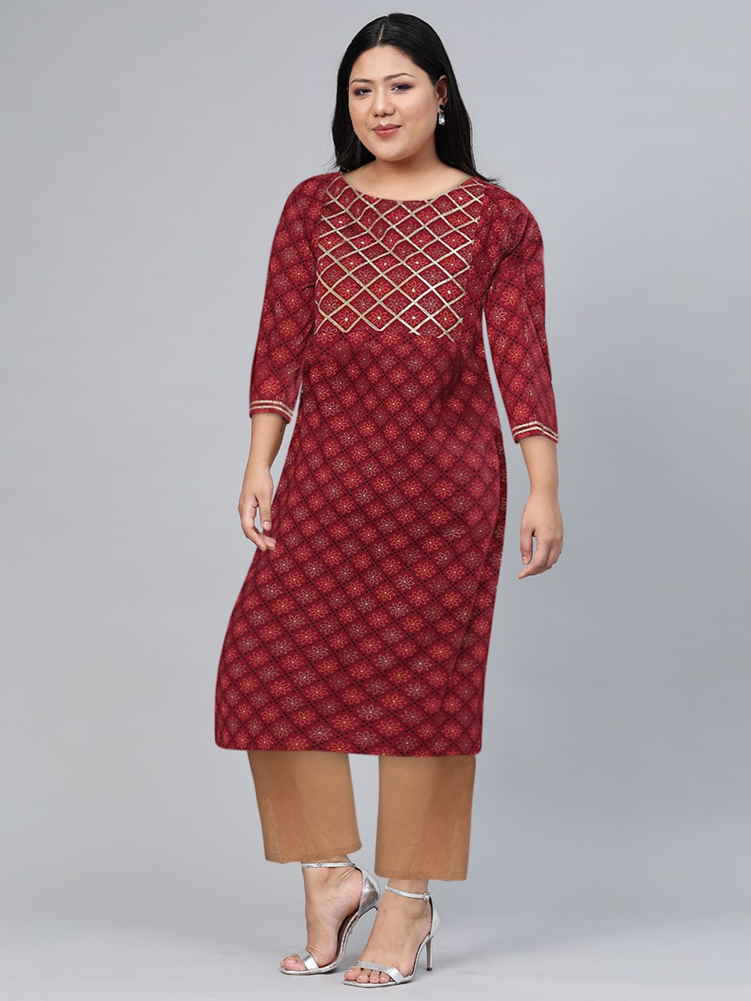 HERE&NOW Women Maroon & Golden Floral Printed Straight Kurta | Grocsy