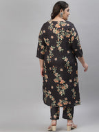 Sztori Plus Size Black Floral Printed Round Neck Straight Kurta with Trousers | Grocsy