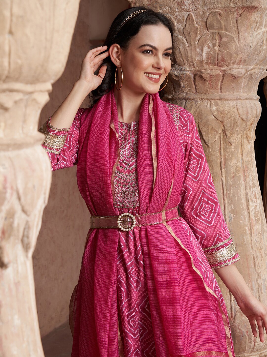 Sangria Bandhani Printed Thread Work Pure Cotton A-Line Kurta with Trousers & Dupatta | Grocsy
