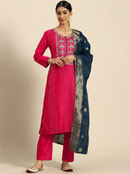 All About You Ethnic Motifs Embroidered Chanderi Silk Kurta with Trousers & With Dupatta | Grocsy
