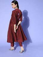 Sangria Women Maroon Ethnic Motifs Embroidered Yoke Design A-Line Kurta with Trousers | Grocsy