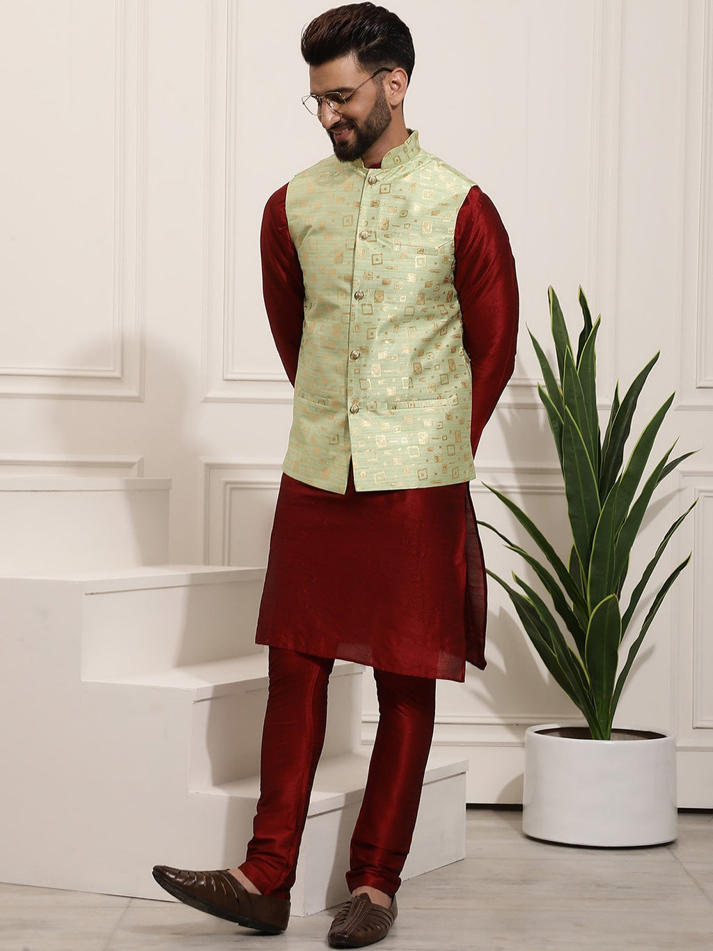 Sojanya Men Maroon Solid Kurta Set & Nehru Jacket | Grocsy