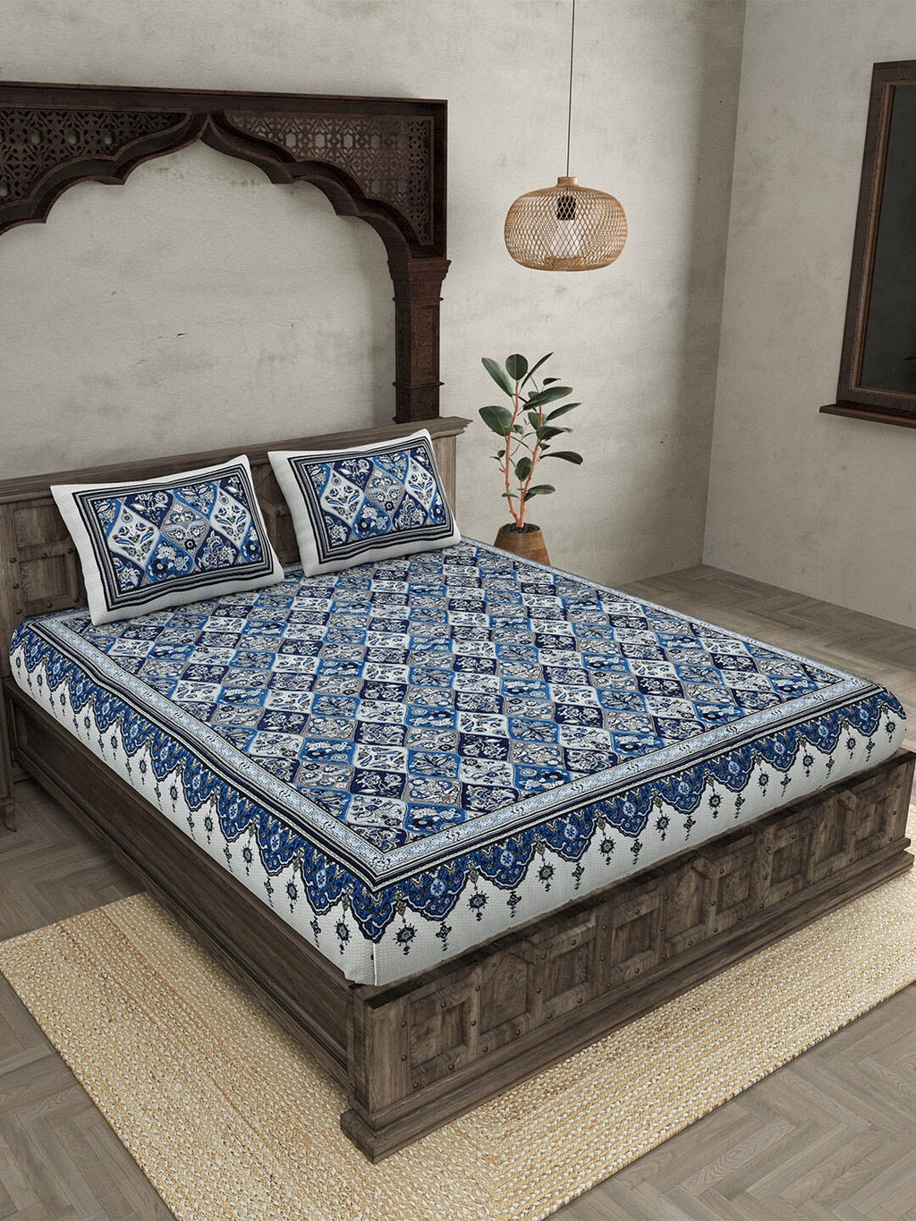 JAIPUR FABRIC Festival Waves Blue & White Cotton 210 TC Queen Bedsheet & 2 Pillow Covers | Grocsy