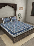 JAIPUR FABRIC Festival Waves Blue & White Cotton 210 TC Queen Bedsheet & 2 Pillow Covers | Grocsy