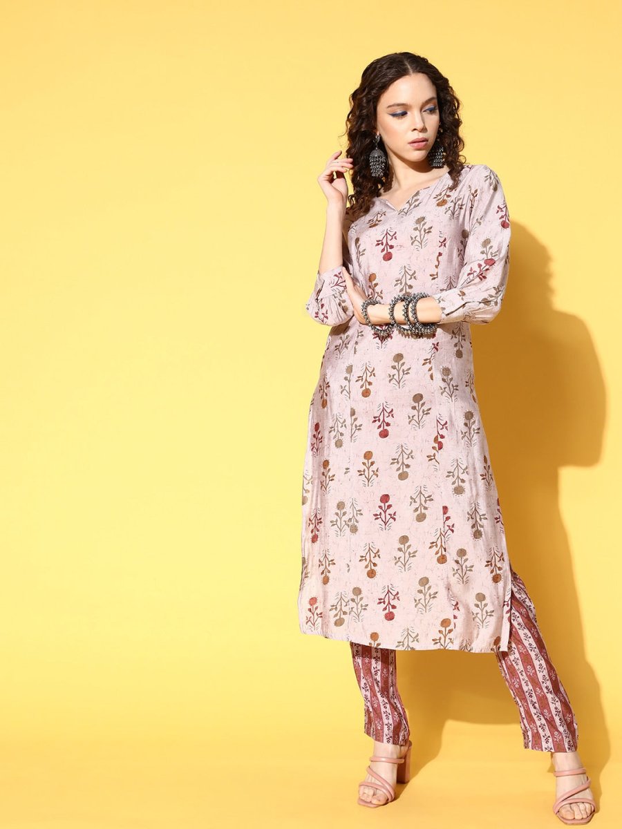 All About You Women Amusing Taupe Ethnic Motifs Print Parade Kurta with Trousers | Grocsy