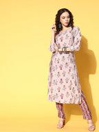 All About You Women Amusing Taupe Ethnic Motifs Print Parade Kurta with Trousers | Grocsy