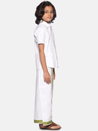 Sethukrishna Boys White & Green Cotton Shirt With Readymade Dhoti | Grocsy