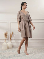 Joban Fashion Women's Brown Cotton V-Neck Dress | Grocsy