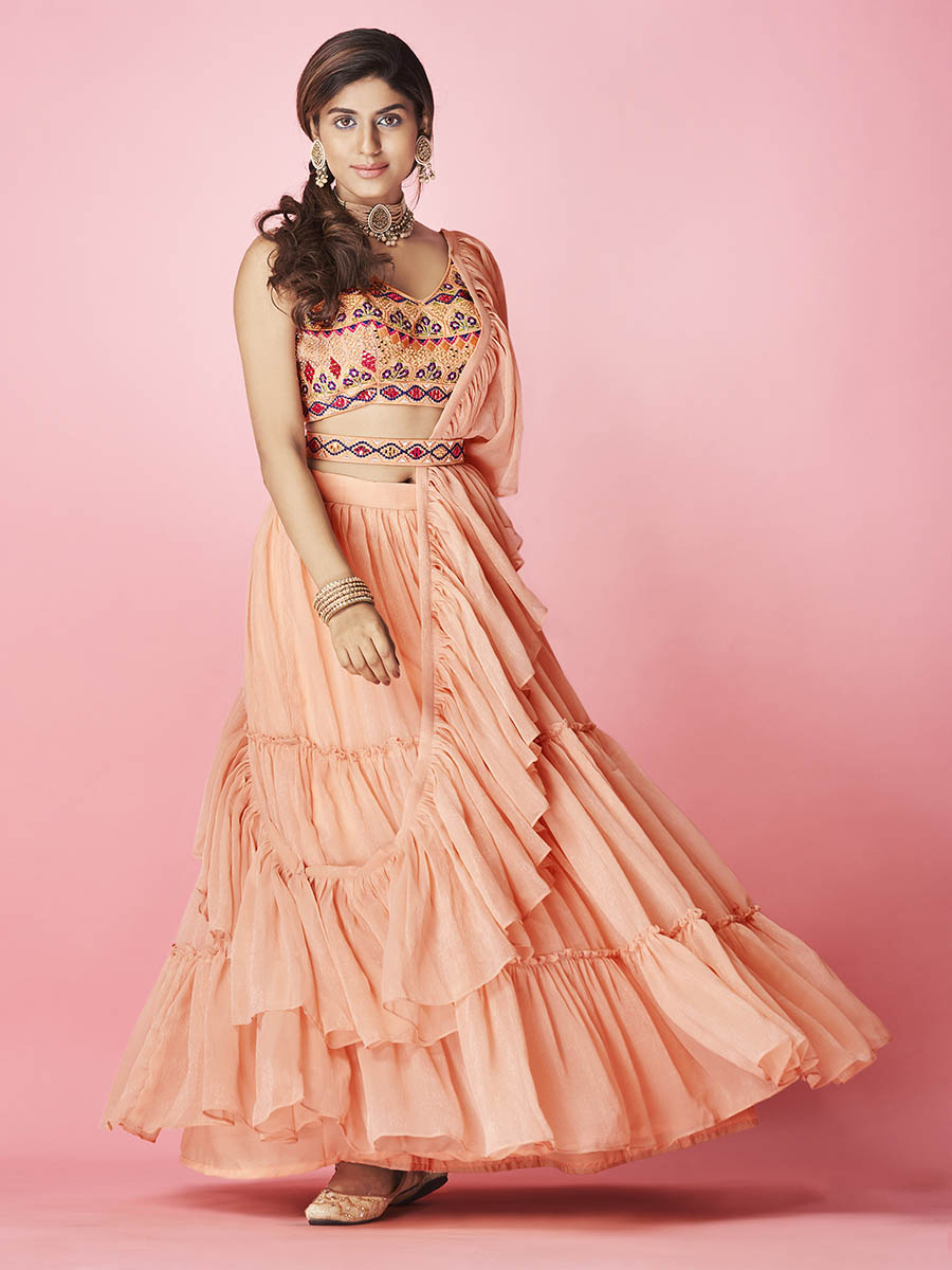 Myra Peach Art Silk Designer Lehenga | Grocsy