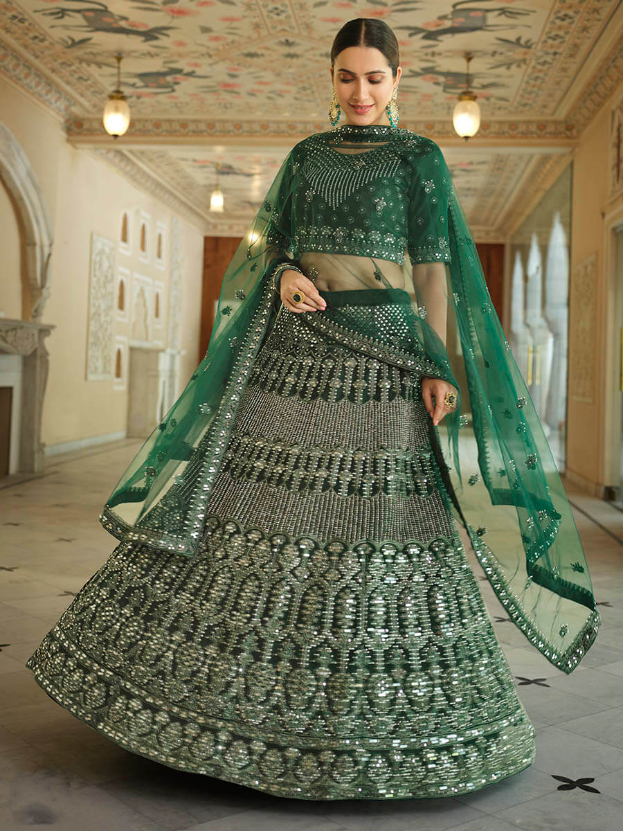 Myra Green Soft Net Embroidered Lehenga | Grocsy