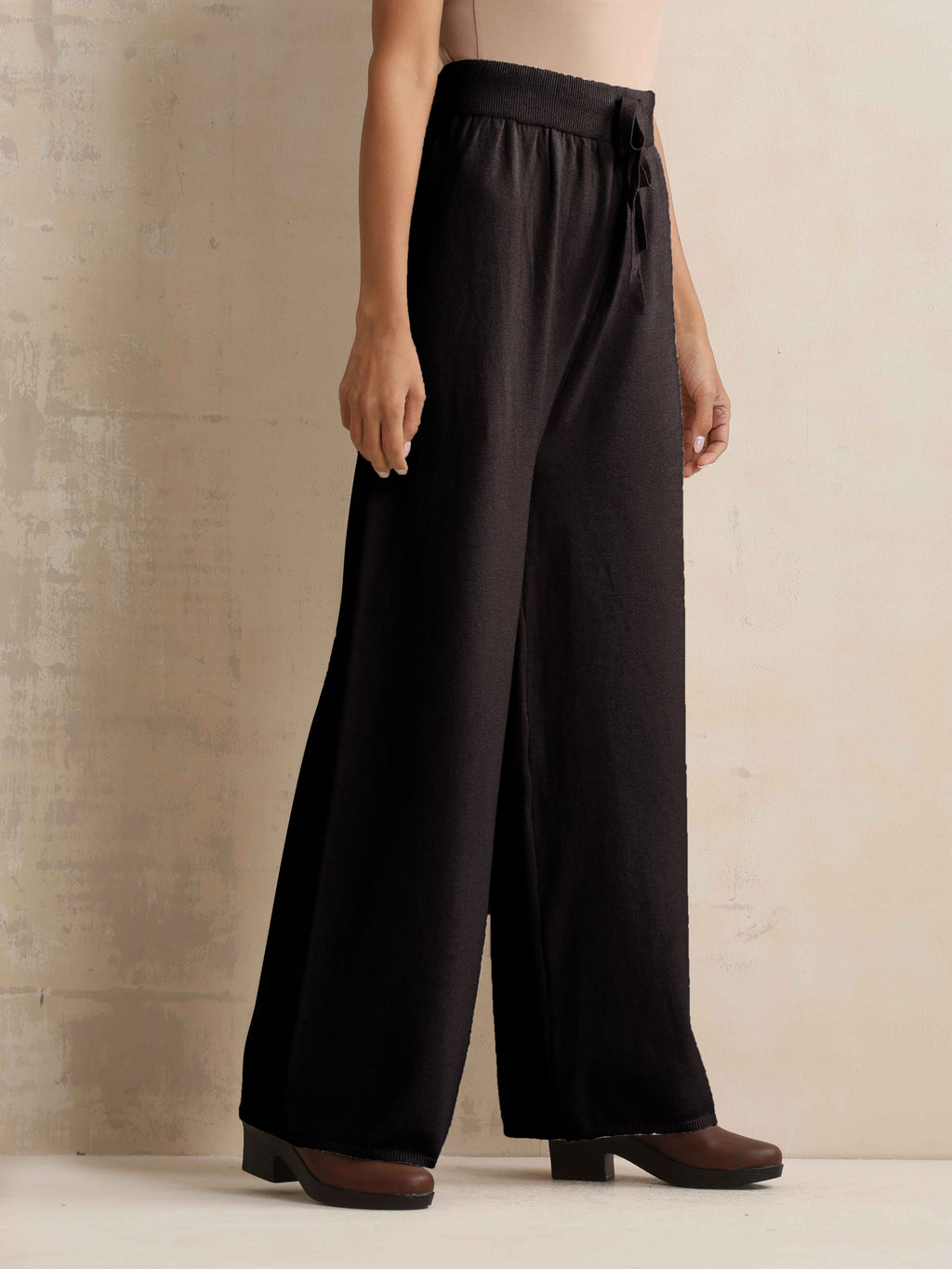 trueBrowns Black Woollen Flared Pants | Grocsy