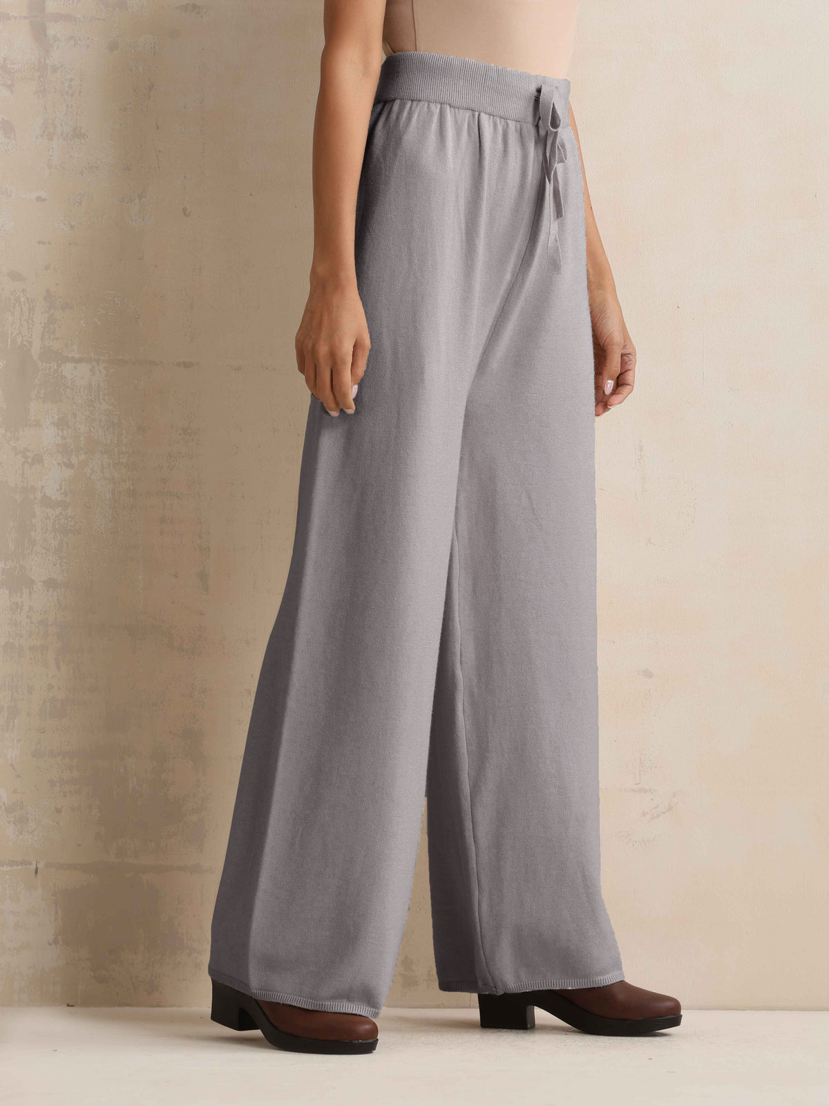 trueBrowns Grey Woollen Flared Pants | Grocsy