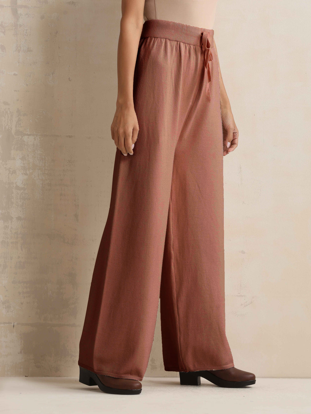 trueBrowns Peach Woollen Flared Pants | Grocsy
