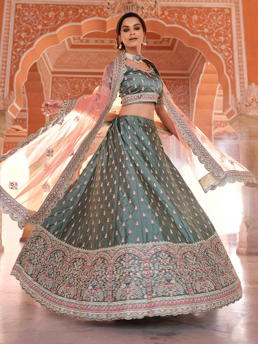 Myra Rama Green Embroidered Designer Lehenga Choli | Grocsy