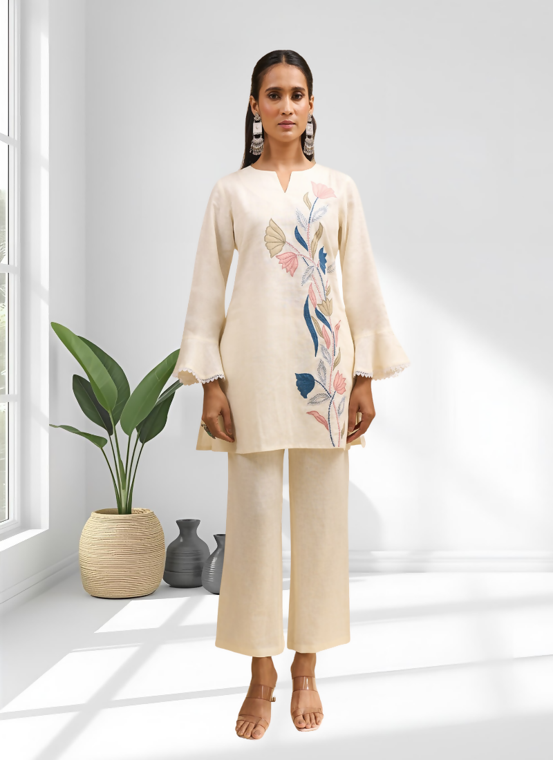 Joban Fashion Cream Linen Embroidered Readymade Cord Set | Grocsy