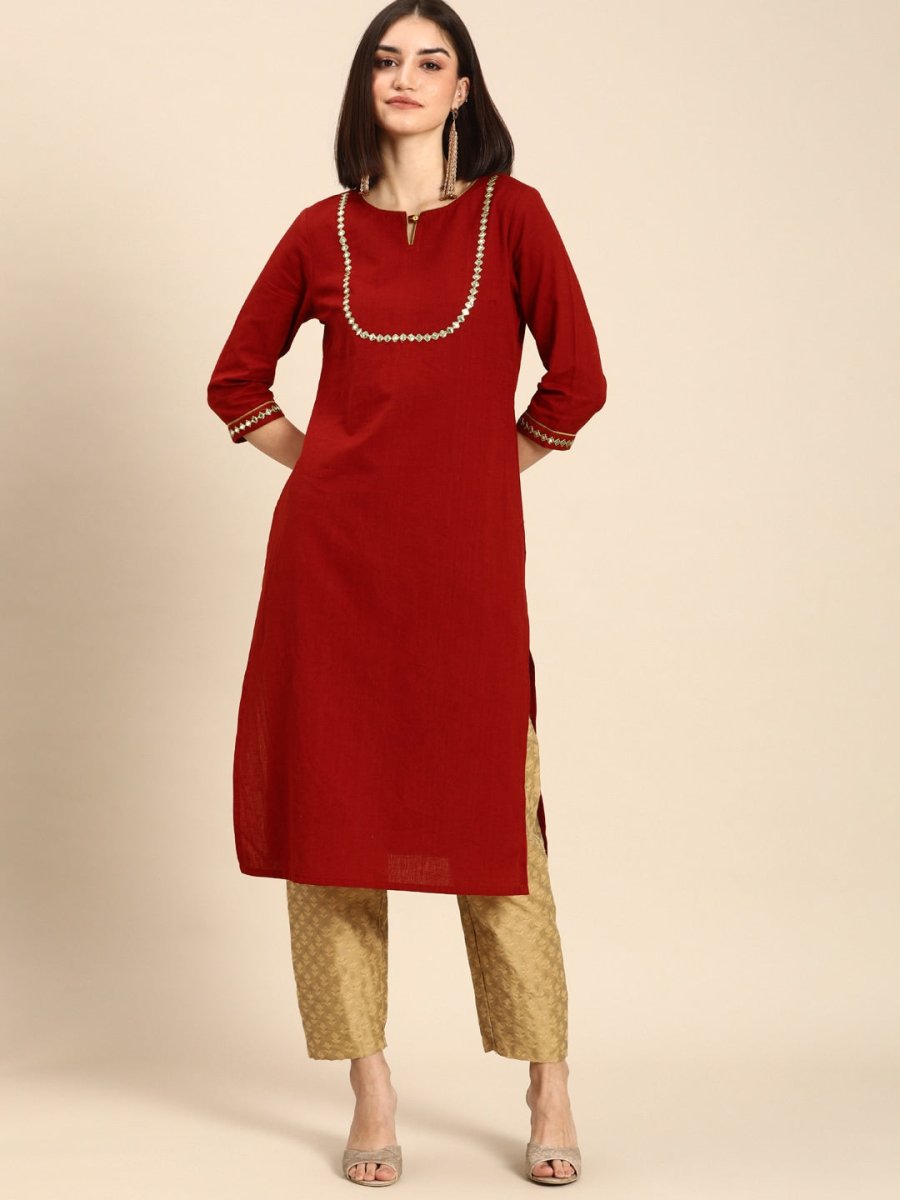 All About You Women Red & Gold-Toned Keyhole Neck Gotta Patti Kurta | Grocsy