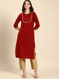 All About You Women Red & Gold-Toned Keyhole Neck Gotta Patti Kurta | Grocsy