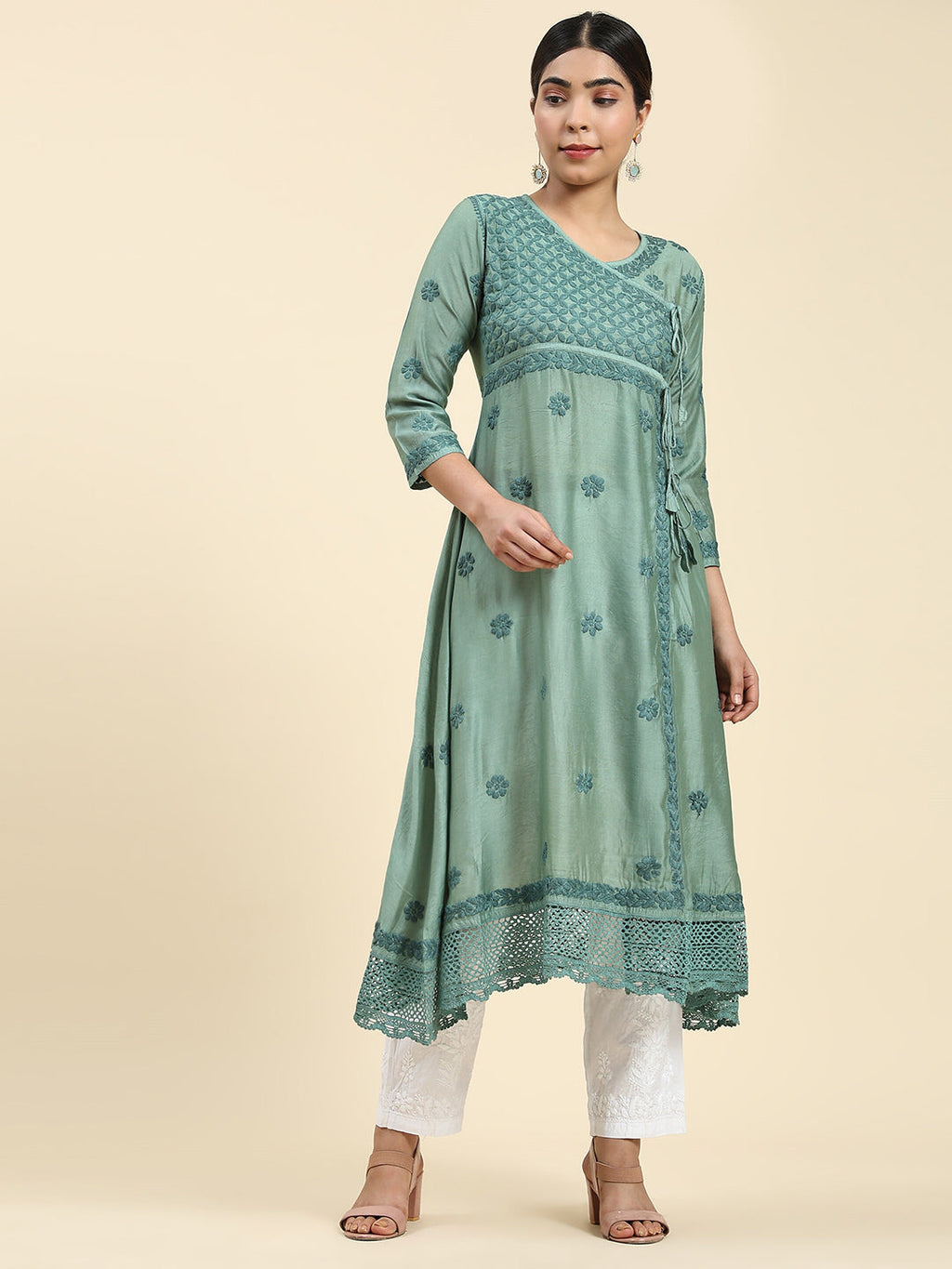 HOUSE OF KARI Embroidered Chikankari Chanderi Silk Anarkali Kurta | Grocsy