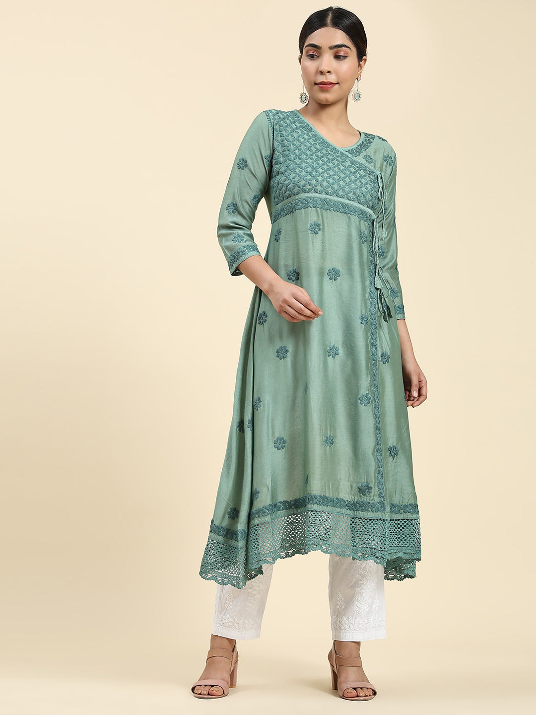 HOUSE OF KARI Embroidered Chikankari Chanderi Silk Anarkali Kurta | Grocsy