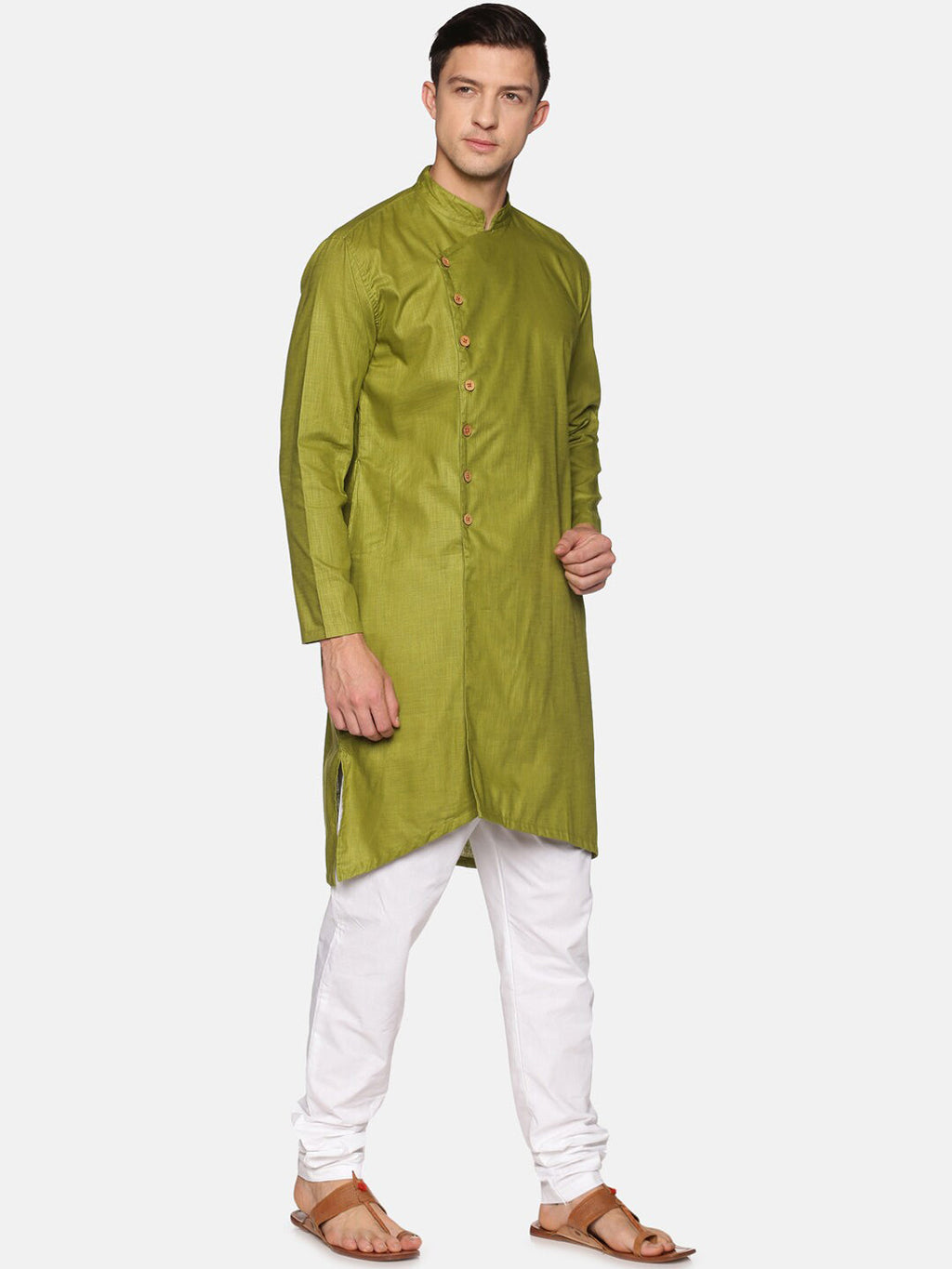Sethukrishna Men Green Angrakha Pure Cotton Kurta with Pyjamas | Grocsy