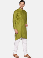 Sethukrishna Men Green Angrakha Pure Cotton Kurta with Pyjamas | Grocsy