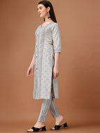 HERE&NOW White & Black Ethnic Motifs Printed Pure Cotton Kurta With Trousers & Dupatta | Grocsy