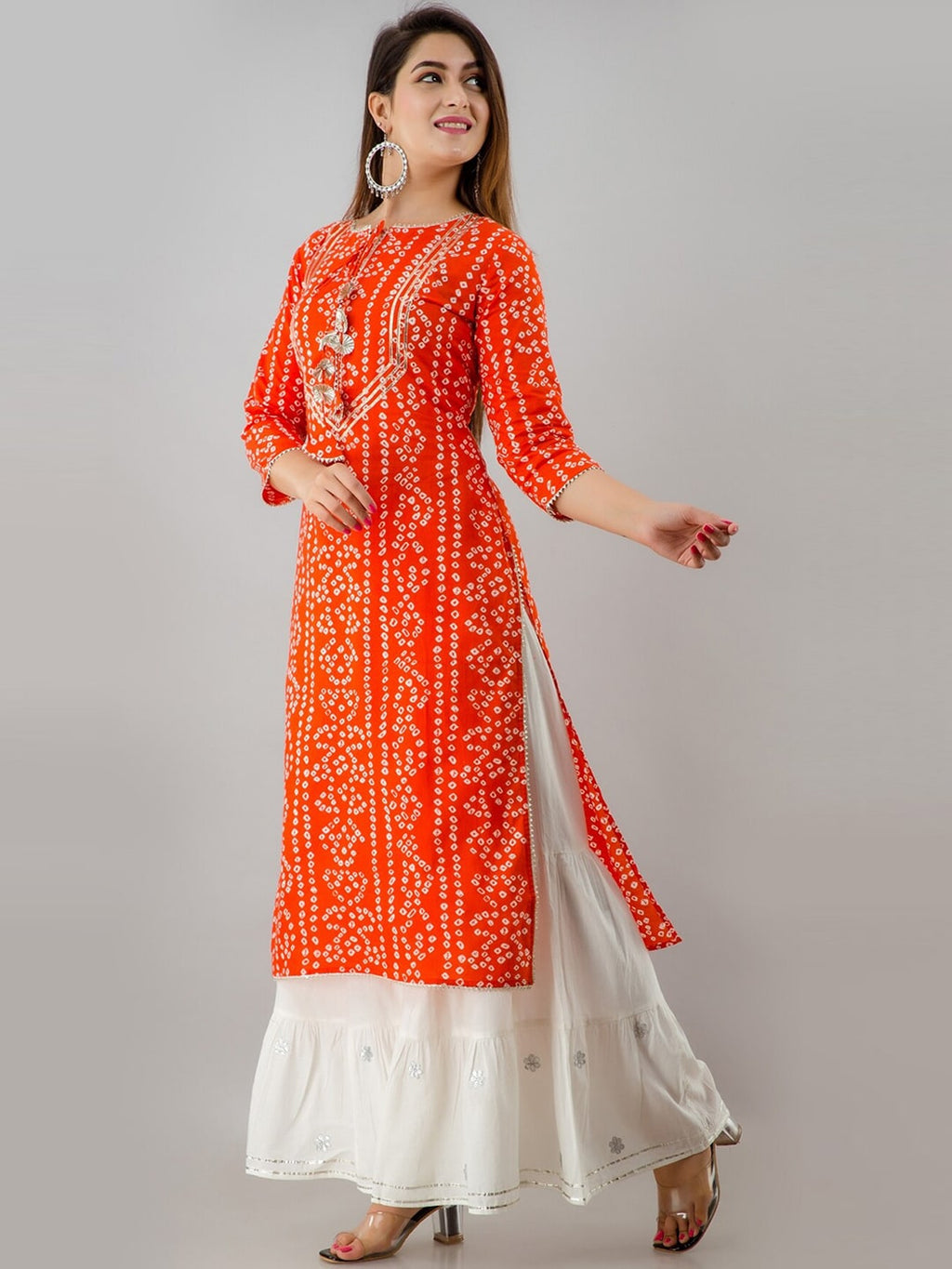 HERE&NOW Orange & White Bandhani Printed Gotta Patti Kurta with Sharara | Grocsy