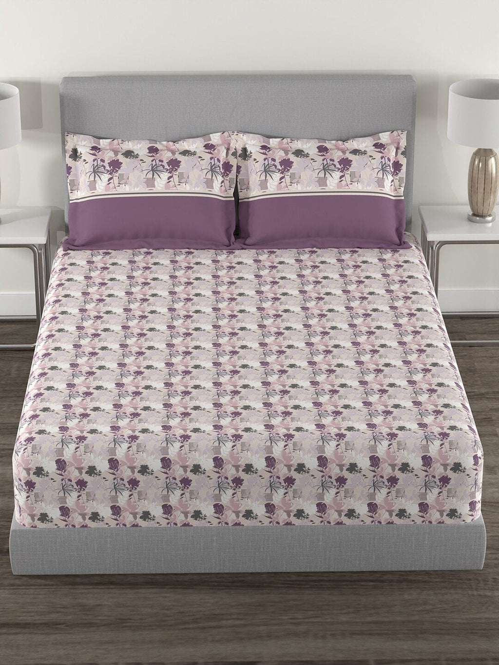 MYTRIDENT Mauve White Floral Cotton 144 TC Queen Bedsheet With 2 Pillow Covers | Grocsy