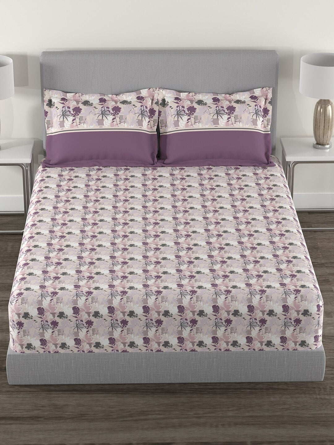 MYTRIDENT Mauve White Floral Cotton 144 TC Queen Bedsheet With 2 Pillow Covers | Grocsy