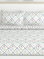 haus & kinder Blue & White Ethnic Motifs 186 TC King Bedsheet with 2 Pillow Covers | Grocsy