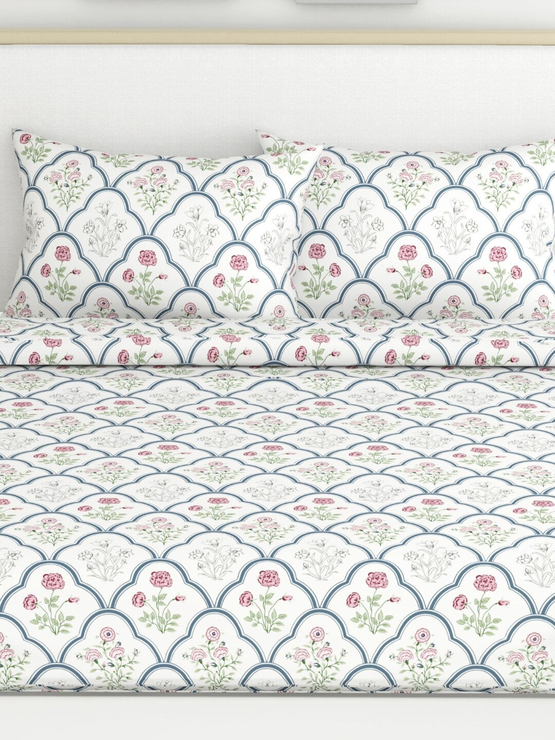 haus & kinder Blue & White Ethnic Motifs 186 TC King Bedsheet with 2 Pillow Covers | Grocsy