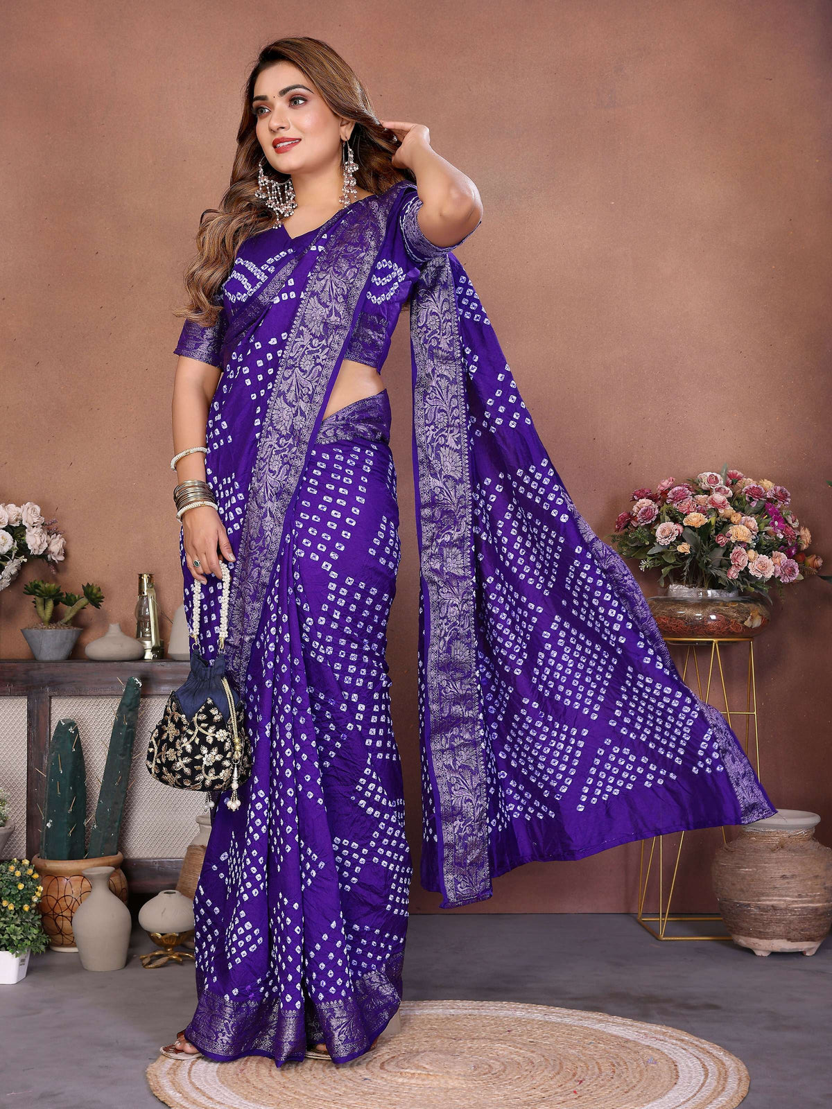 Aastha Fashion Purple Pure Dola Silk Handmade Original Bandhej Saree | Grocsy