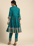 Sangria Women Teal Green & Golden Floral Embroidered Kurta with Trousers | Grocsy