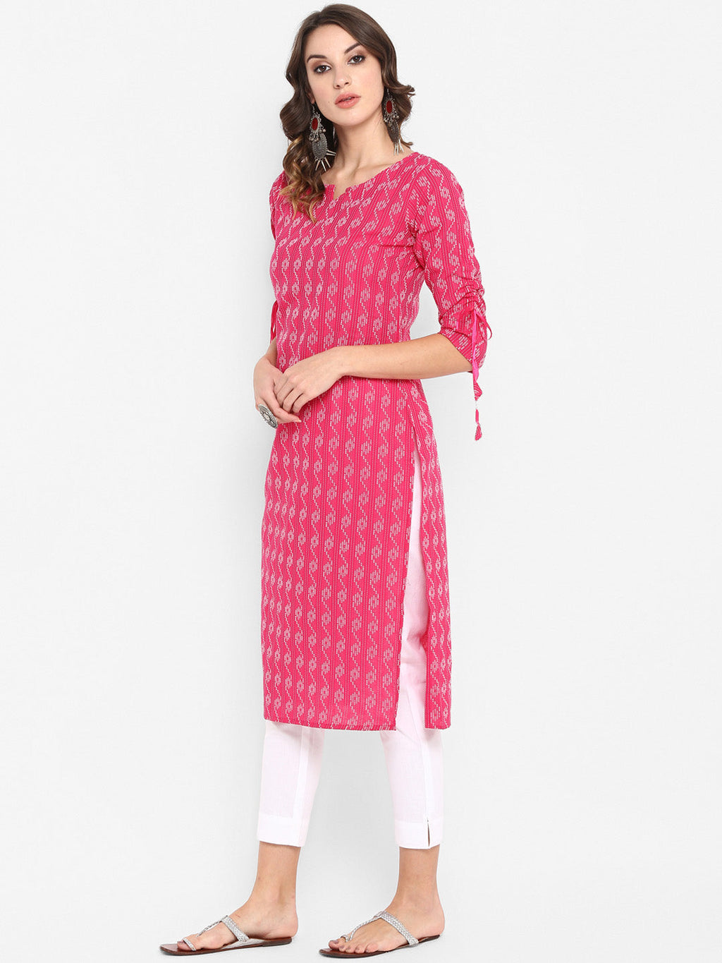 Janasya Women Pink & White Printed Straight Kurta | Grocsy