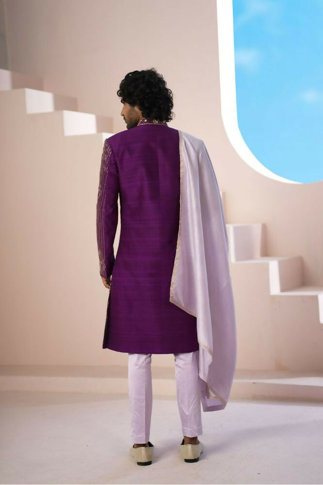 Purple Elegance Sherwani With Zardosi And Gold Embellishments by Hilo Design | Grocsy