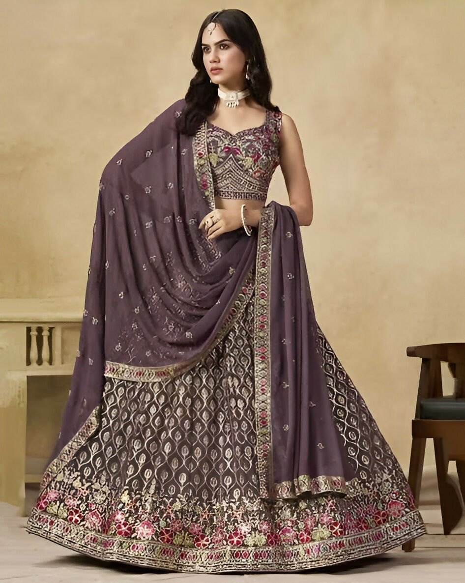 Women’s Semi-Stitched Dusty Mauve Georgette Zari Sequence Thread Embroidery Work Lehenga Choli With Georgette Dupatta-Jihu Culture | Grocsy