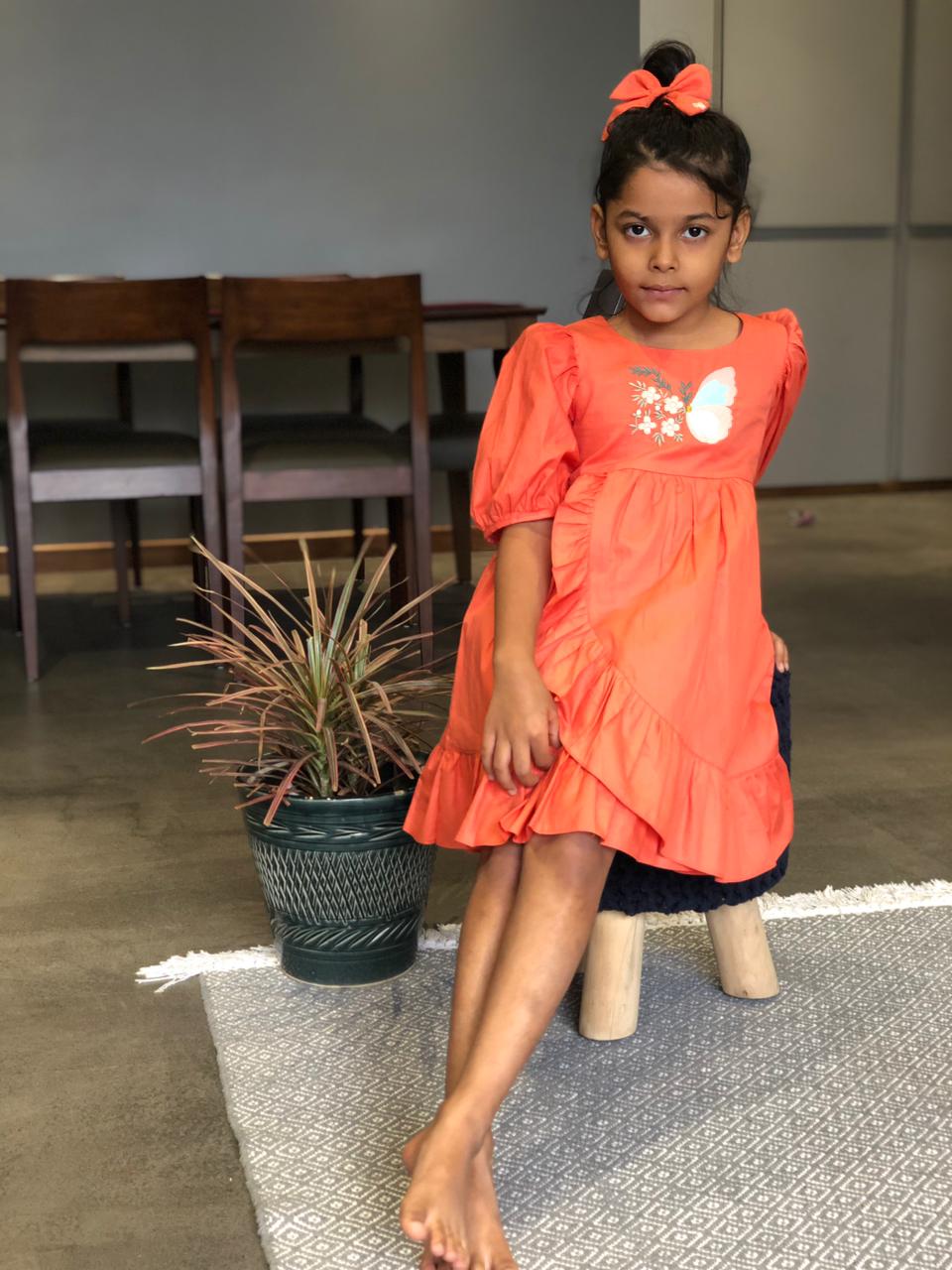 ArthLife Orange Butterfly Embroidered Dress | Grocsy