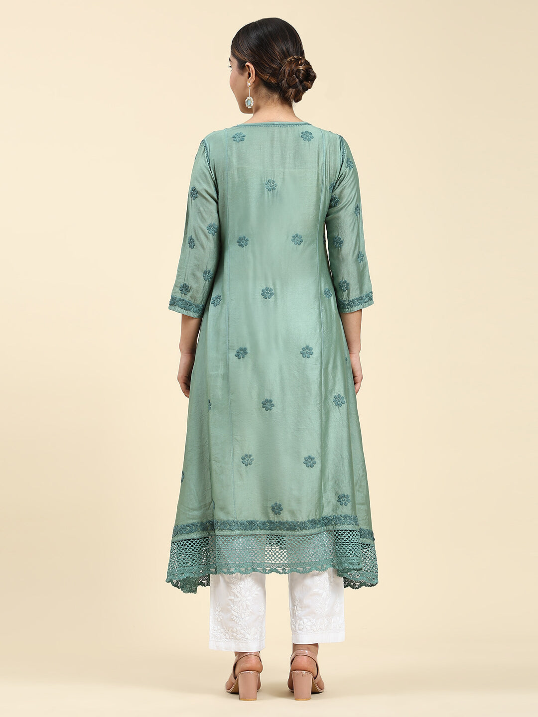 HOUSE OF KARI Embroidered Chikankari Chanderi Silk Anarkali Kurta | Grocsy