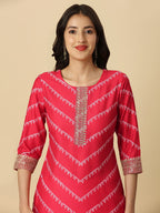 HERE&NOW Red & White Bandhani Printed Thread Work Kurta | Grocsy