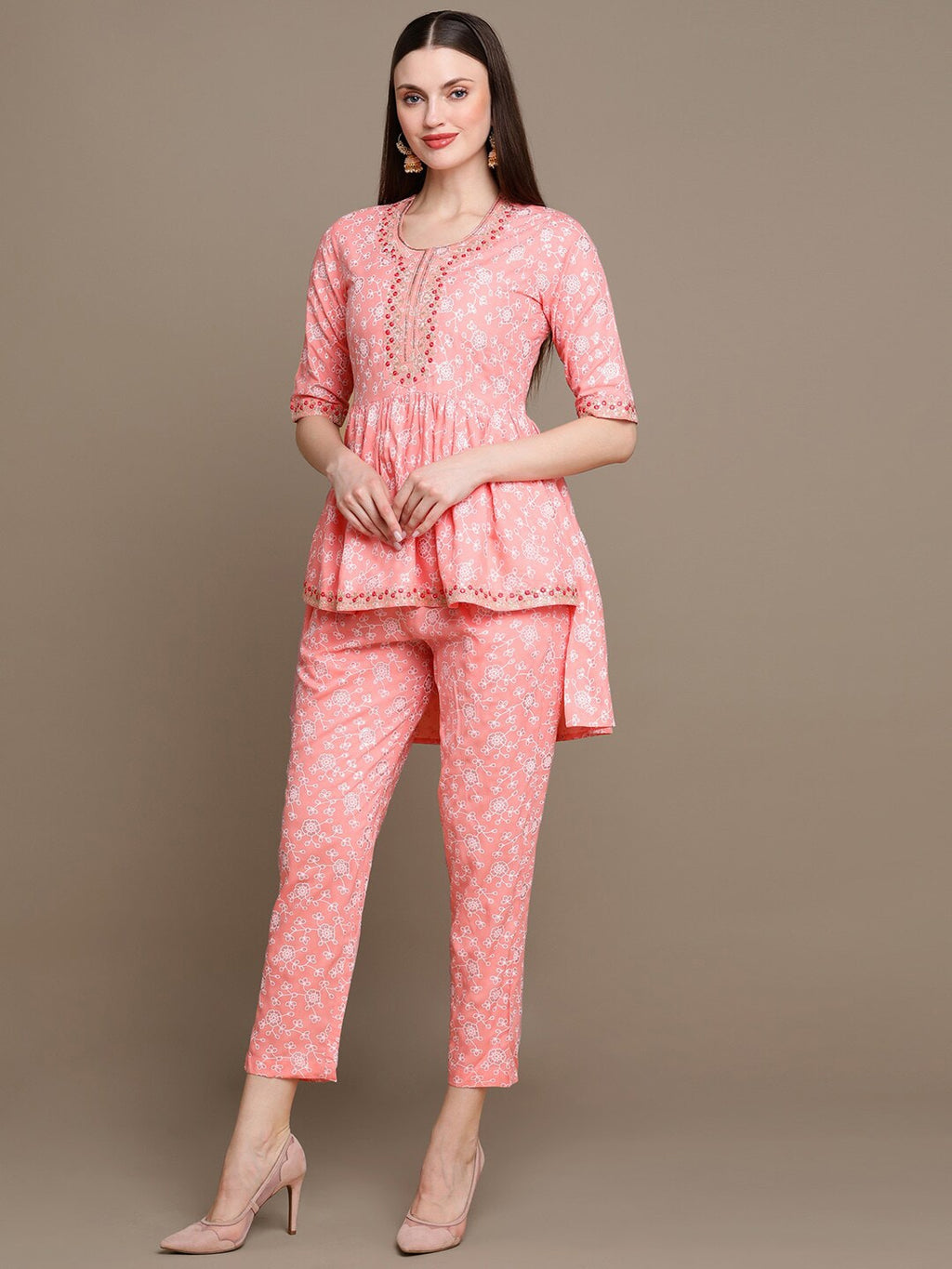 HERE&NOW Floral Printed Embroidered Sequinned High-Low Kurti with Trouserss | Grocsy