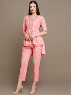 HERE&NOW Floral Printed Embroidered Sequinned High-Low Kurti with Trouserss | Grocsy