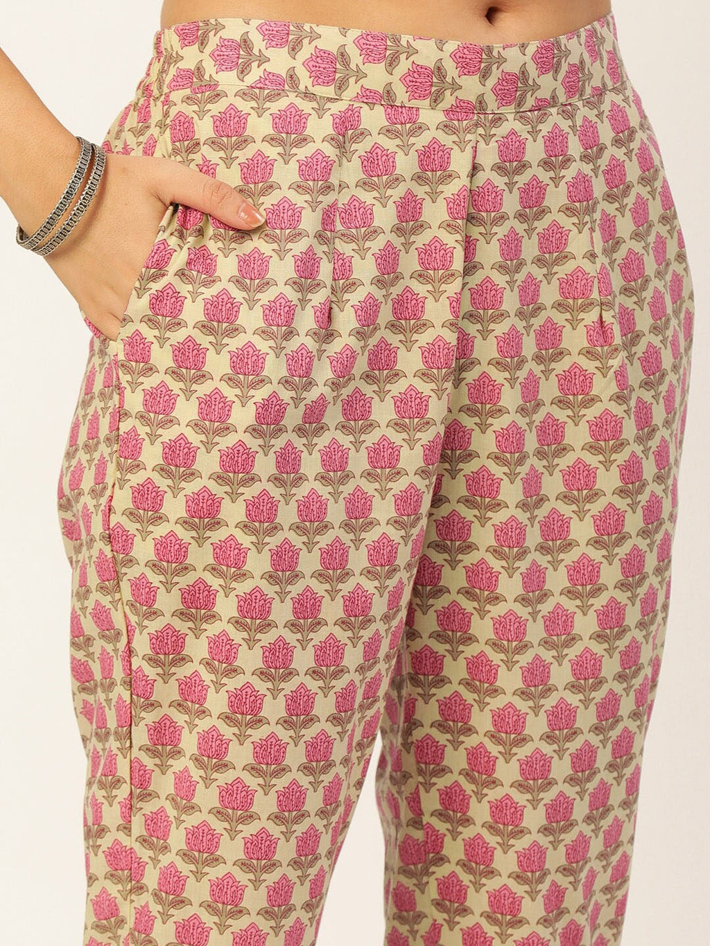 HERE&NOW Women Pink Floral Printed Angrakha Pure Cotton Kurta with Trousers & With Dupatta | Grocsy