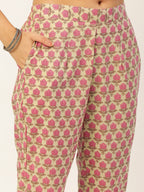 HERE&NOW Women Pink Floral Printed Angrakha Pure Cotton Kurta with Trousers & With Dupatta | Grocsy