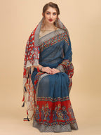 Sangria Ethnic Motif Printed Pure Linen Saree | Grocsy